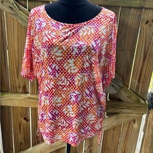 Rafaella Studio Orange & Pink Short Sleeve Blouse with Ruched Sides Size L